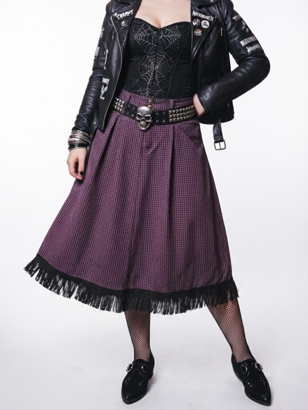 Vintage 90s Lizwear Houndstooth Midi Skirt Burgandy Purple /Black 6